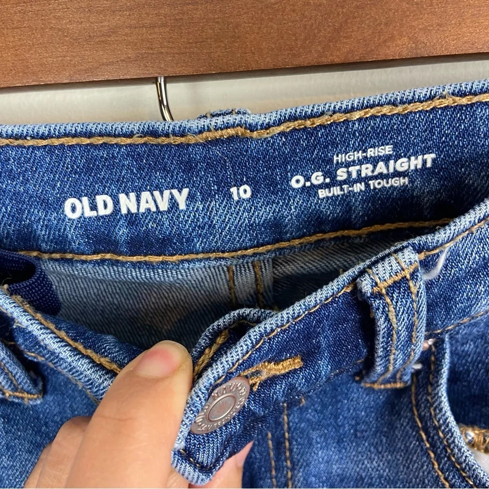 Old Navy O.G Straight Distressed High Rise Denim Jeans Raw Hem Girls 10‎